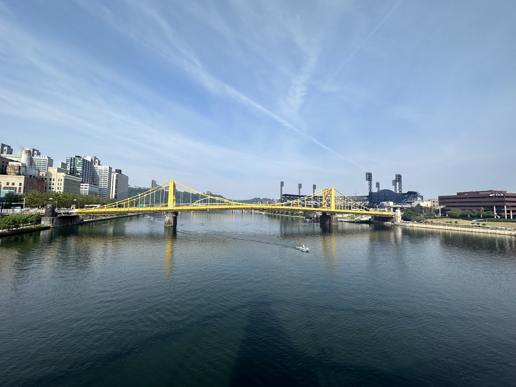 Looking at the Clemente Bridge, and PNC Park Behind, from the Andy Warhol Bridge above the Allegheny River.